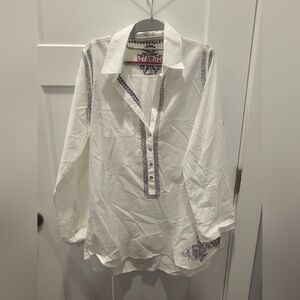 Subtle Luxury White Embroidered Cotton Tunic Top Boho Resort Wear S/M Made in In